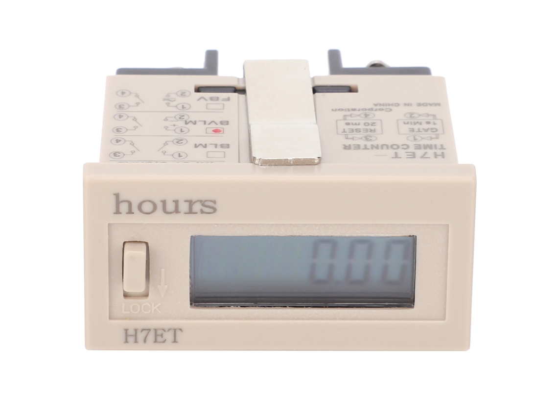 Temporizador electrónico industrial H7et con batería integrada y pantalla LCD de 6 dígitos reiniciable.