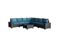 Mueble de jardín esquinero Lazaro para 7 personas en resina tejida con mesa gris y azul