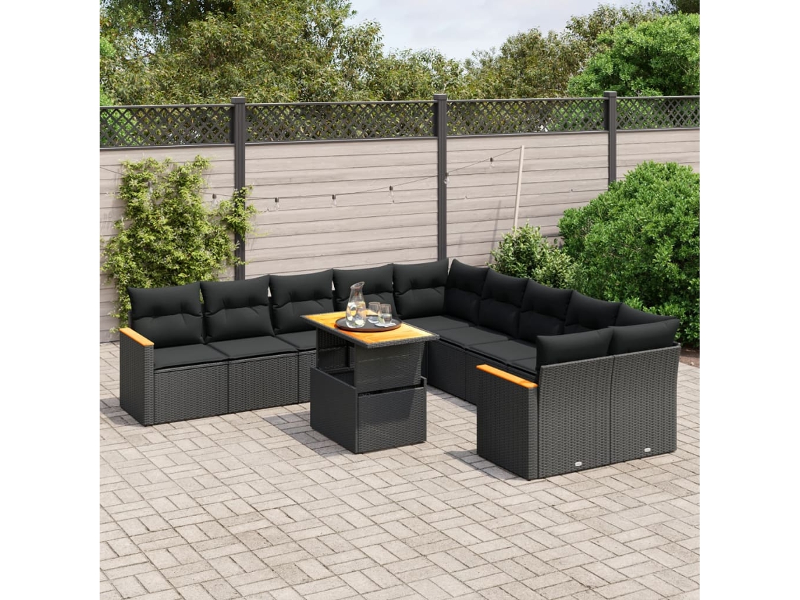 Conjunto de sofá de jardín de 11 piezas con cojines de mimbre sintético negro de DKD Home Decor