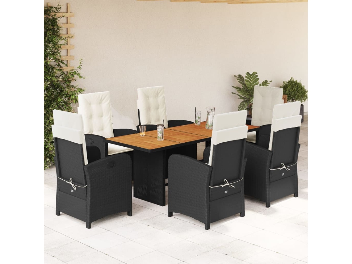 Juego de comedor de jardín de 7 piezas con cojines, mimbre sintético negro, DKD Home Decor