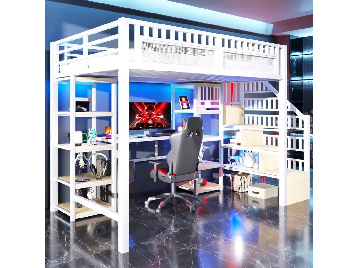 Cama Alta 140x200 Cm - Estructura De Metal, Escritorio, Estante, Led, Usb, Sin Colchón - Blanco