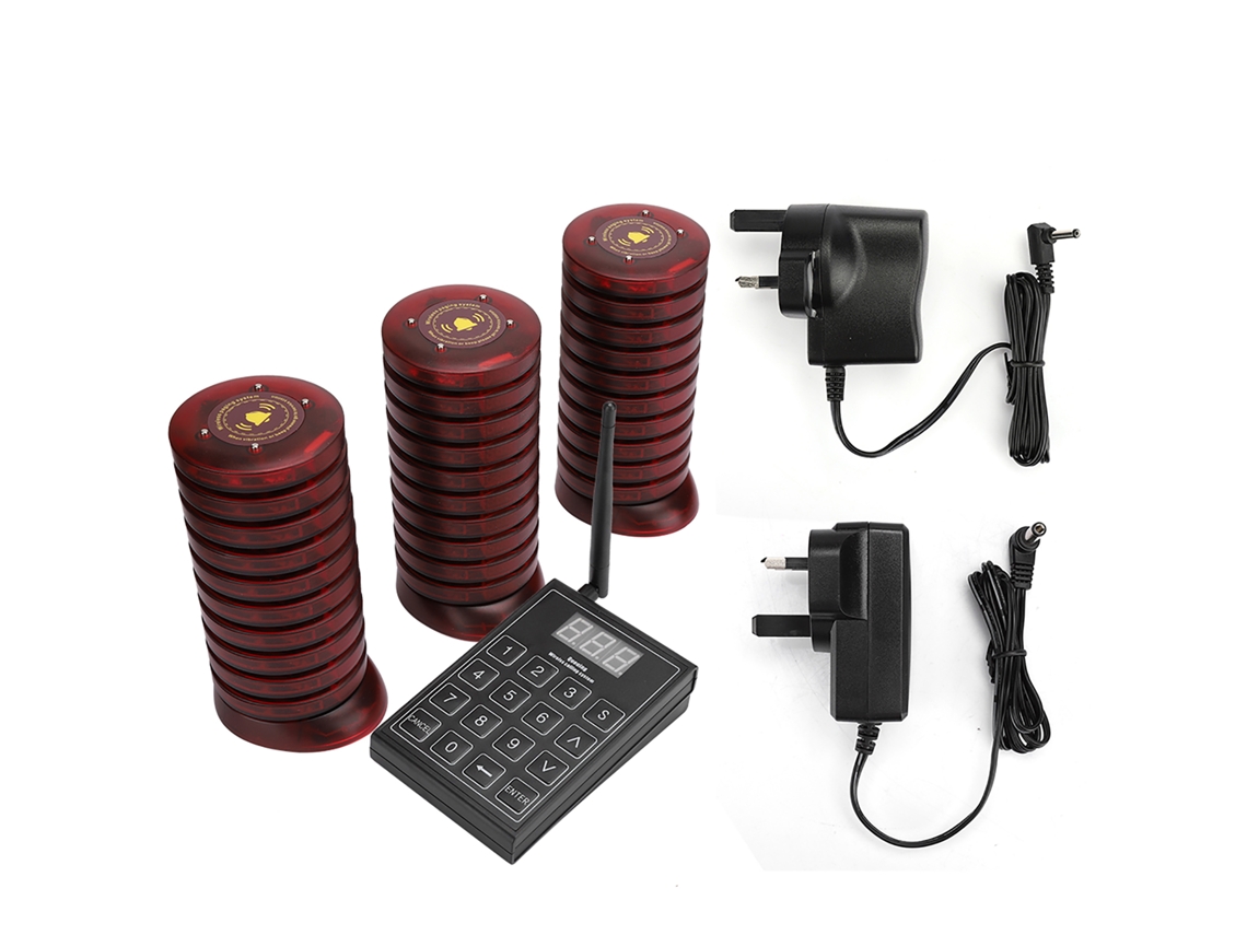 Sistema De Llamada De Pagers Para Restaurante Con 1 Transmisor Y 30 Pagers, Rojo Luz Dourada