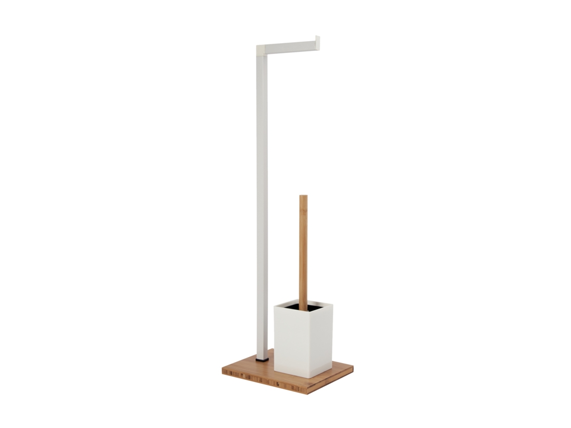 Soporte para papel higiénico Wellhome con cepillo, de bambú, blanco y marrón.