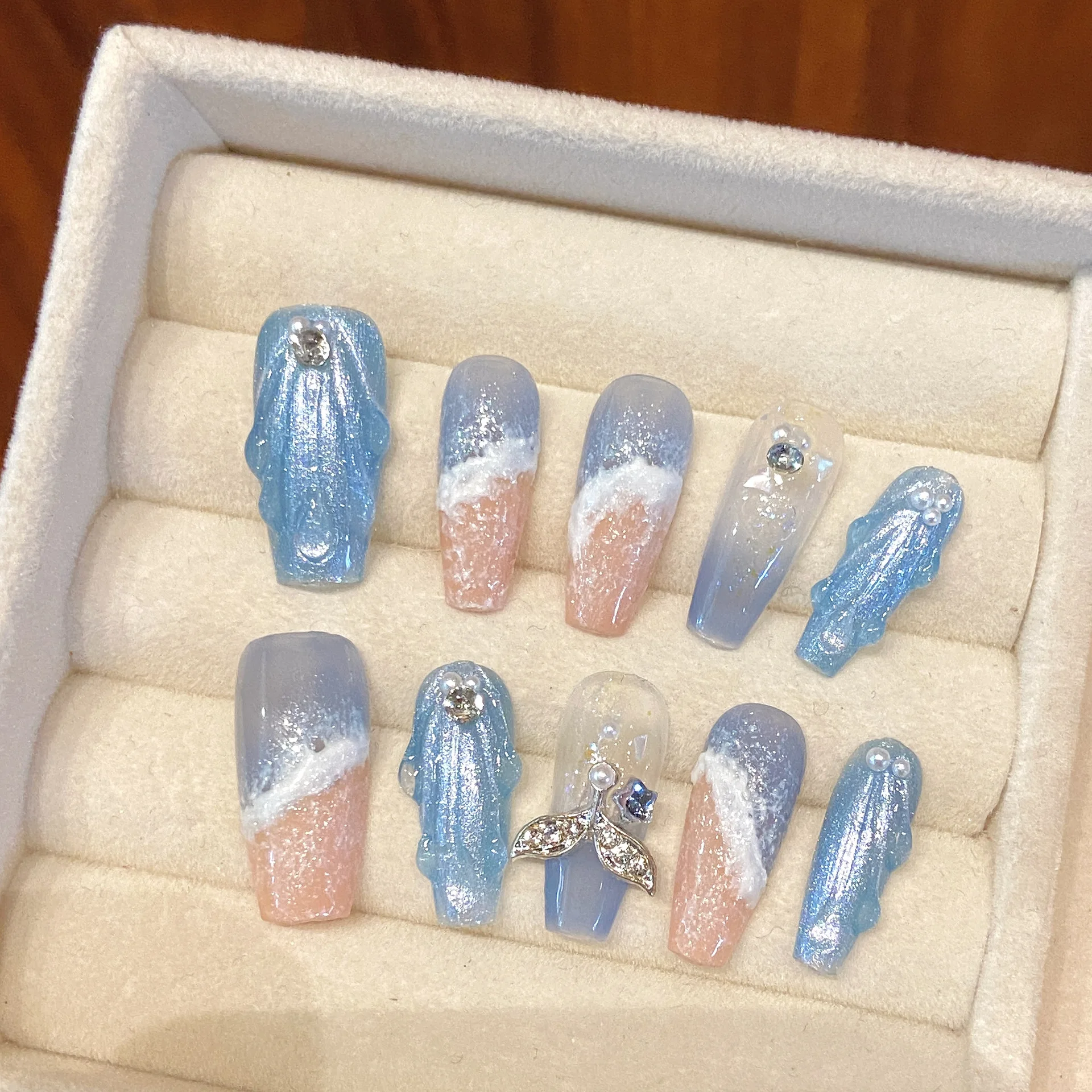 (1366-l) Uñas Postizas Largas De Ballet Hechas A Mano Con Incrustaciones De Diamantes, Paquete De 10 Piezas