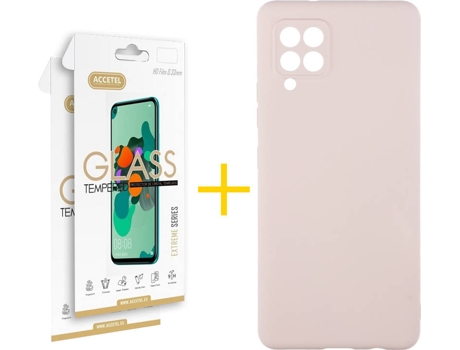Funda y Protector de Vidrio 2 x Samsung Galaxy A42 5G ACCETEL Silicona Líquida Rosa Crema