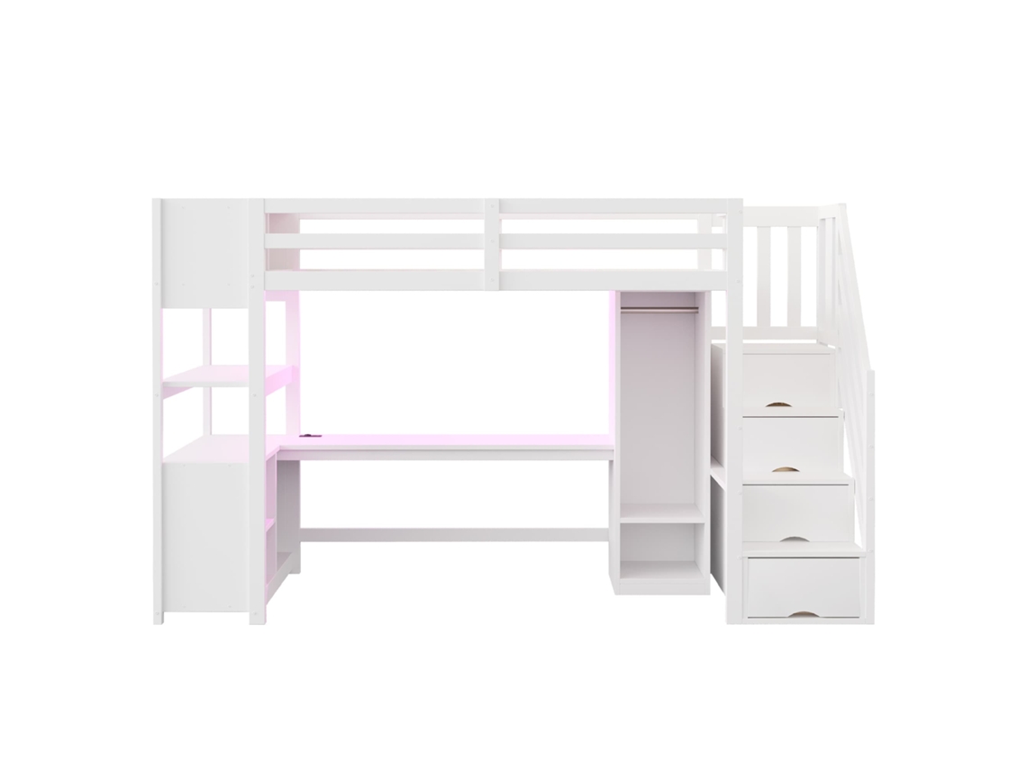 Cama Alta 90x200 - Armario, Escritorio, Escalera Con Almacenaje, Led Y Enchufes - Blanca