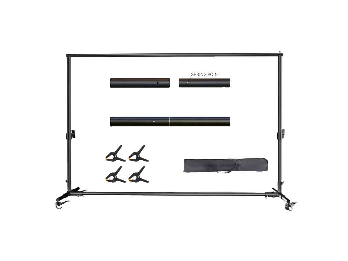 Estructura de fondo, ancho ajustable de 71 cm a 340 cm, altura máxima de 270 cm, ruedas OEM de 2 x 3 m