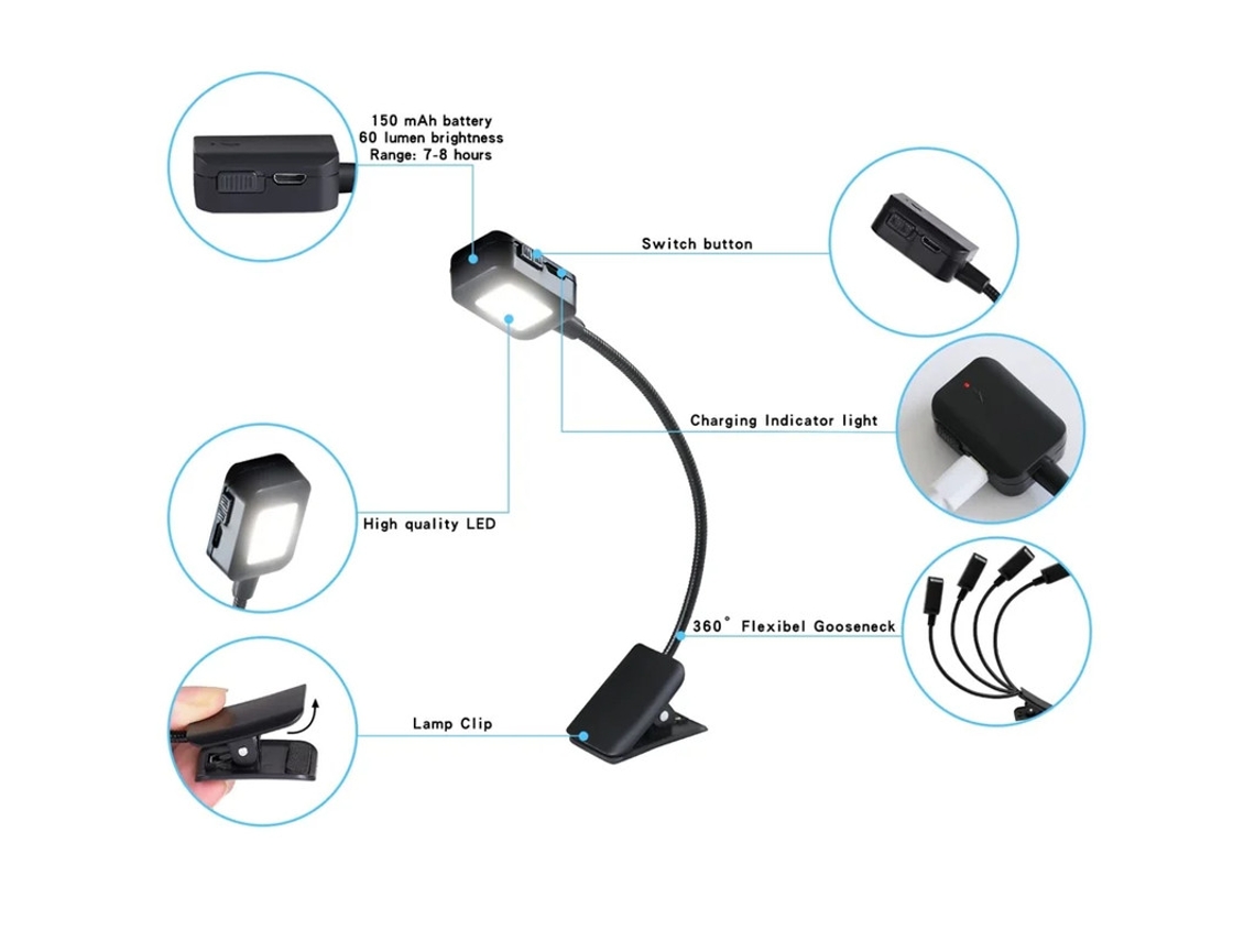 Paquete de 4 luces de lectura recargables para leer de noche en la cama. Mini luces de lectura pequeñas que se adhieren fácilmente a los libros para niños. Bestvite
