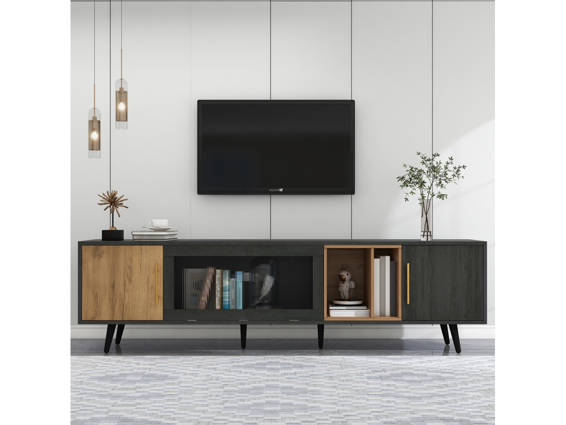 Mueble Para Tv Hasta 90 Pulgadas, 200x40x55,5 Cm, 3 Puertas Siendo 1 De Vidrio, Nicho Abierto, Marrón Y Gris