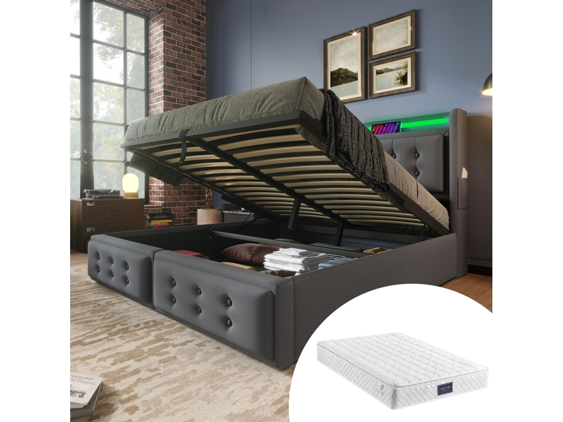Cama 140x200 Cm Gris Algodón, Led, Usb-c, Estructura Metal/madera, Carga 300 Kg, Somier De Láminas, Con Colchón.