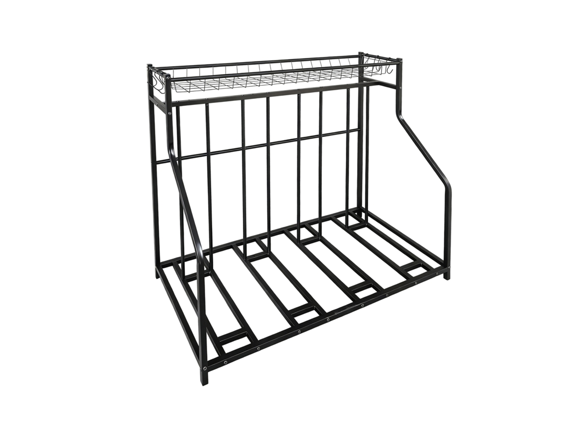 Soporte De Suelo Relaxdays Para 4 Bicicletas, Ancho De Rueda Ajustable, Cesta Y 6 Ganchos, Regulable, Negro