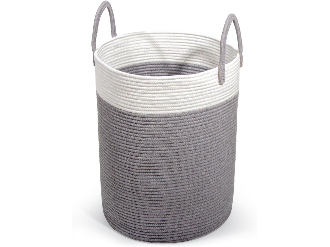Cesto De Ropa De Algodón Con Asa, Tejido De Punto, Grande, Para Habitación Infantil (gris Y Blanco, 38 Cm De Diámetro X 50 Cm De Alto).