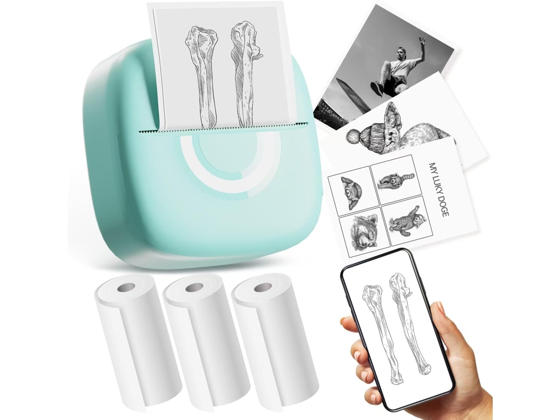 Impresora Térmica Bluetooth Portátil Con 3 Rollos De Papel Para Imágenes, Fotografías, Diario Compatible Con Teléfonos Y Tabletas Verde SIURN