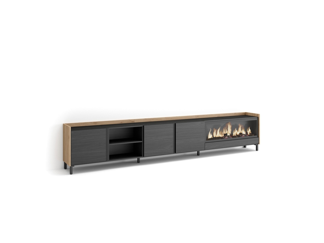 Mueble Tv, Televisión, 315x35x61cm, Para Tv Hasta 80", Chimenea Eléctrica Xxl, Diseño Industrial, Negro Y Roble
