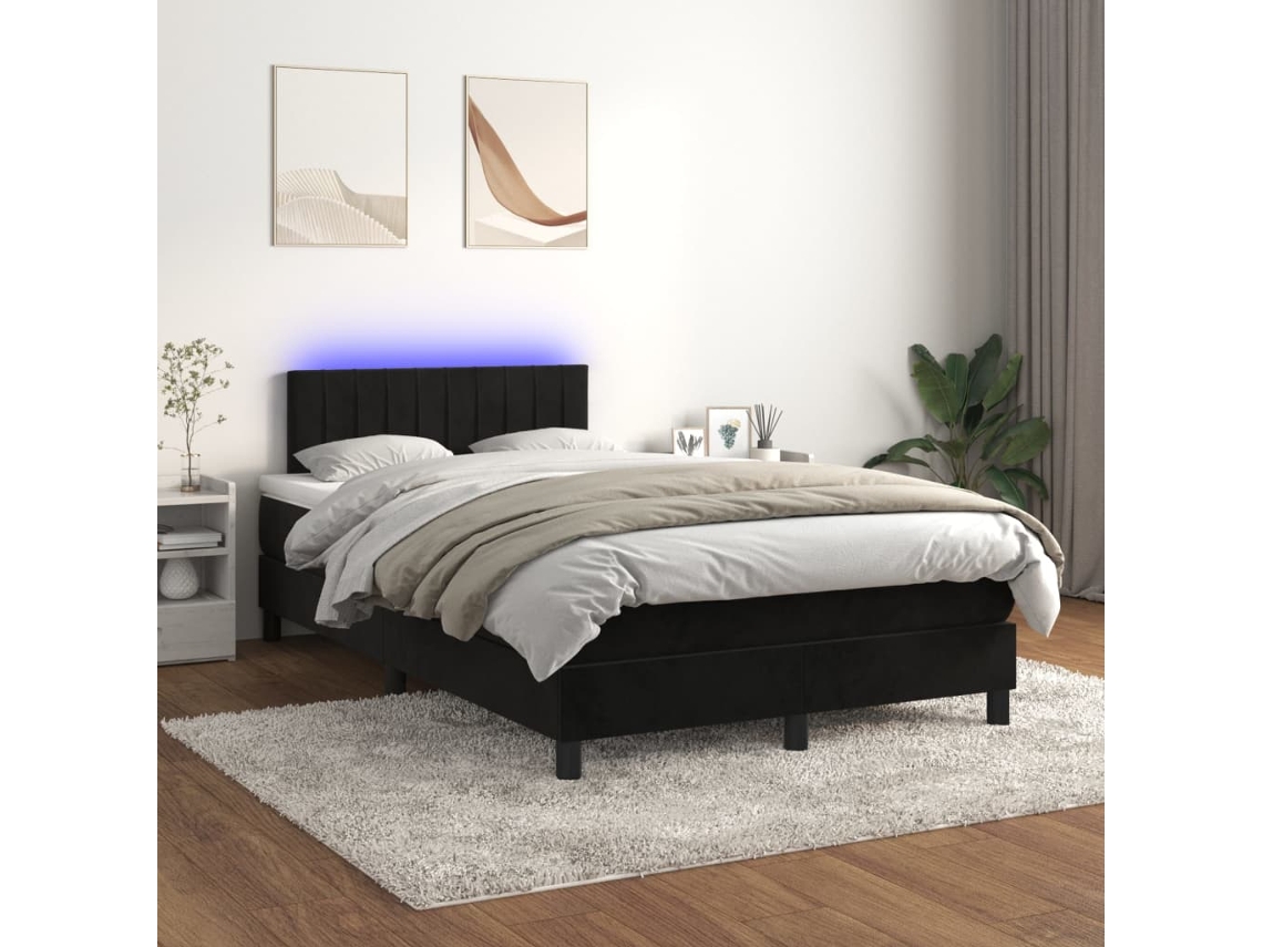 Cama Box Spring Colchón Y Led Terciopelo Negro 120x200 Cm