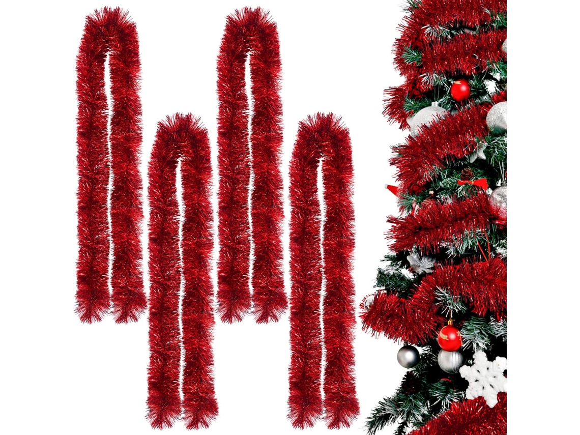 Guirnaldas navideñas con purpurina roja para árbol de Navidad, decoración para interior y exterior (juego de 4)