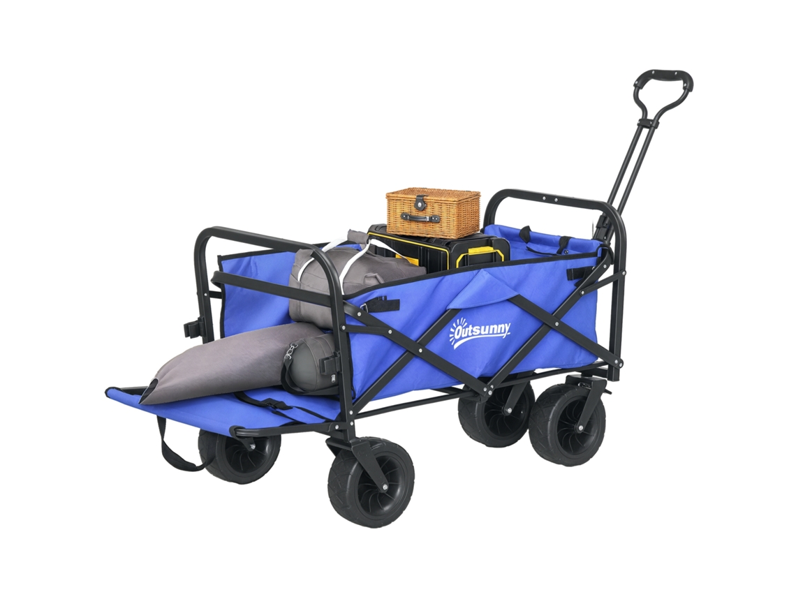 Carro de jardín plegable con asa ajustable y bolsa de transporte, capacidad de carga de 100 kg, azul oscuro.