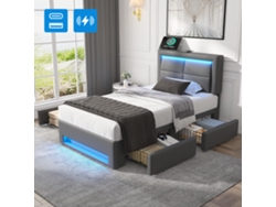 Cama Tapizada De 90x200 Cm Con Usb (carga Por Cable E Inalámbrica), Iluminación Led, 4 Cajones, Piel Sintética Gris, Colchón No Incluido.