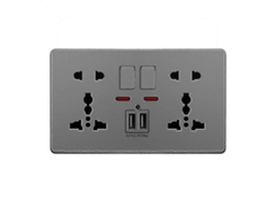 Enchufe De Pared 13a Con Botón Multifunción Puerto Usb Doble 2.1a Cargador Tres Y Dos Orificios Zekai Para Hogar Gris