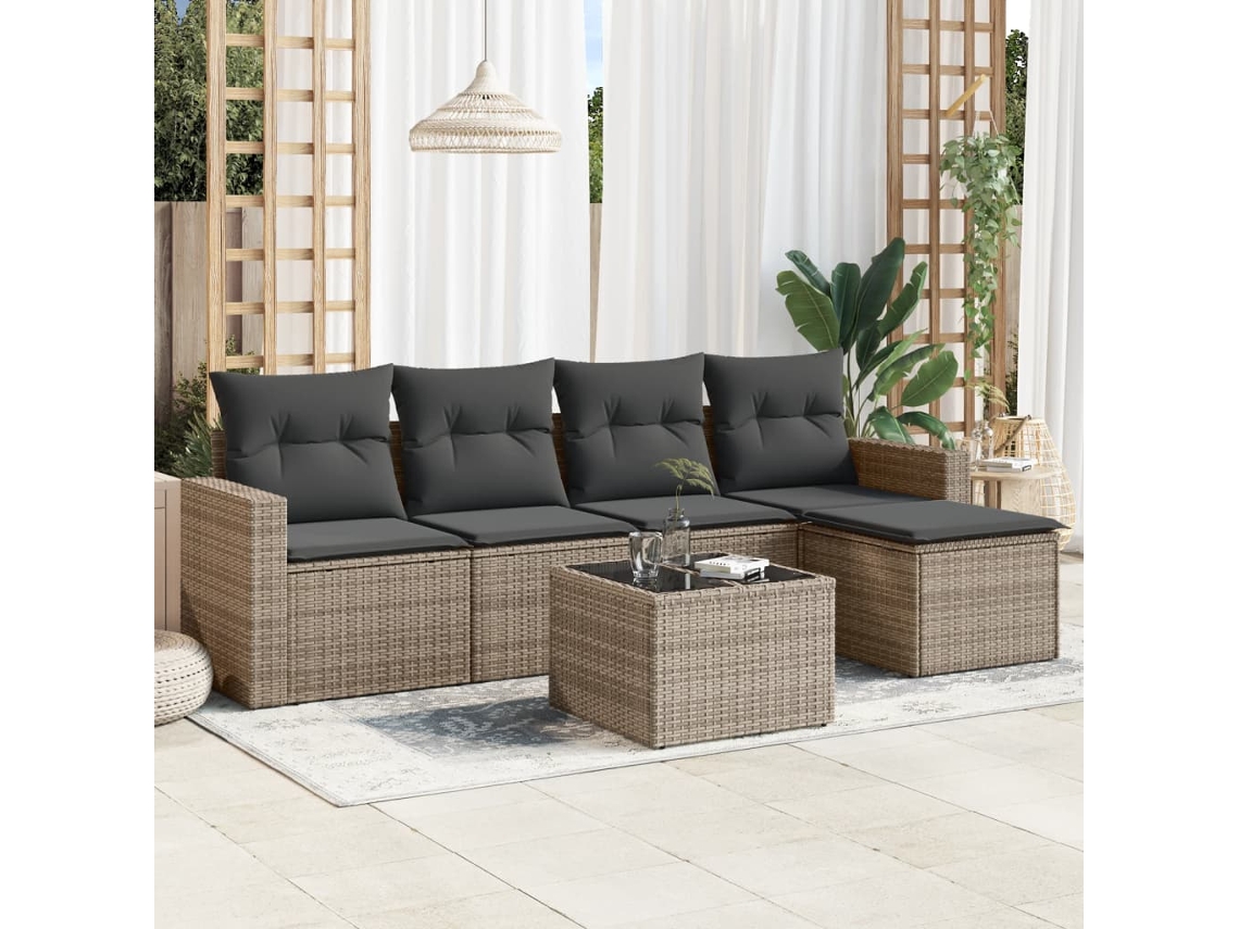 Conjunto de sofá de jardín de 6 piezas con cojines de mimbre gris, Dkd Home Decor
