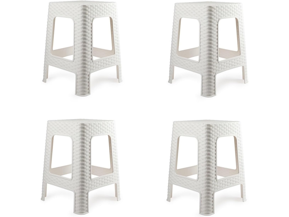 Banqueta de plástico empilhável moderna estilo rattan 4X para ambientes internos e externos feito na Espanha - 36x36x45cm (4, branco) COSHANO