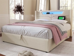 Cama Contenedor 140x200cm Tapizada En Tela De Lino - Con Led Y Puertos De Carga - Con Somier - Beige