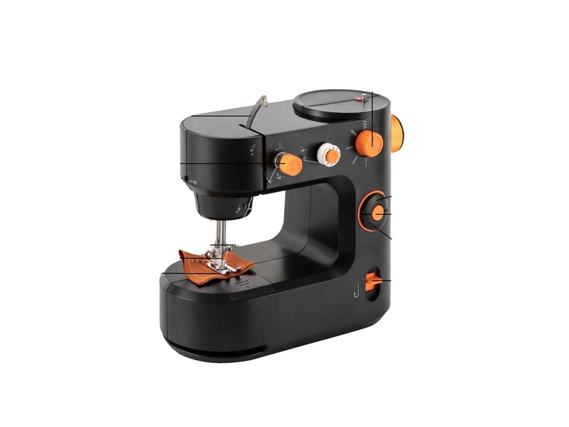 Mini máquina de coser, diseño portátil, opciones de costura versátiles, color negro.