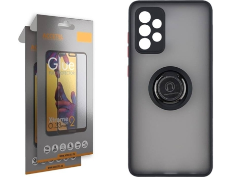 Funda y 2 Protectores de Cristal Full Samsung Galaxy A72 5G ACCETEL Gel Bumper Ring Negro