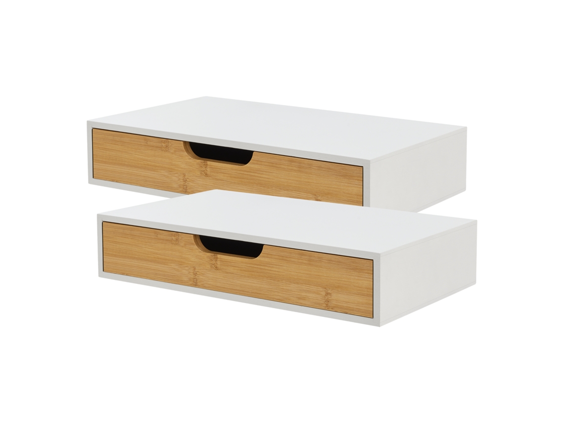 Set de 2 estantes de pared Bokn con cajón hasta 5 kg bambú 40x24x8cm - Blanco y Natural [EN.CASA]