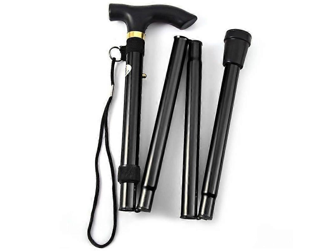 Bastón de viaje plegable y ajustable de aluminio con base de goma antideslizante.