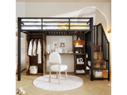 Cama Alta De Hierro De 90x200, Armario Con Almacenamiento, Escritorio, Escalera Negra