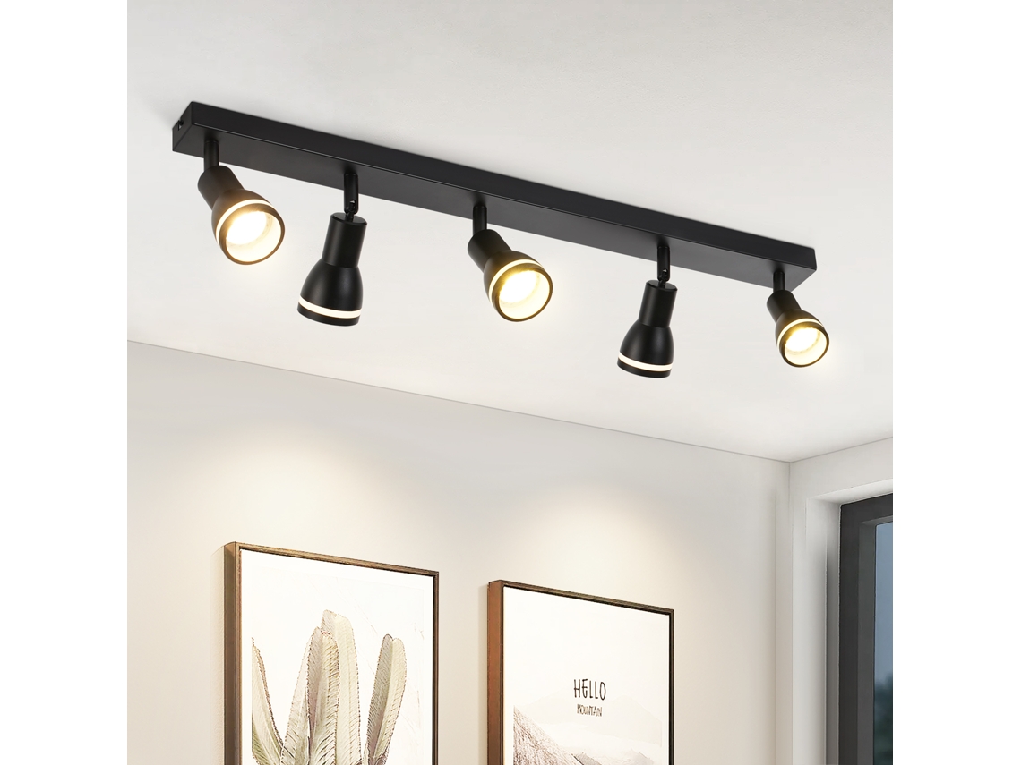 Lámpara de techo de metal GU10 con 5 puntos negros y focos interiores giratorios para cocina, oficina, salón y dormitorio. Sin bombillas. Nettlife.