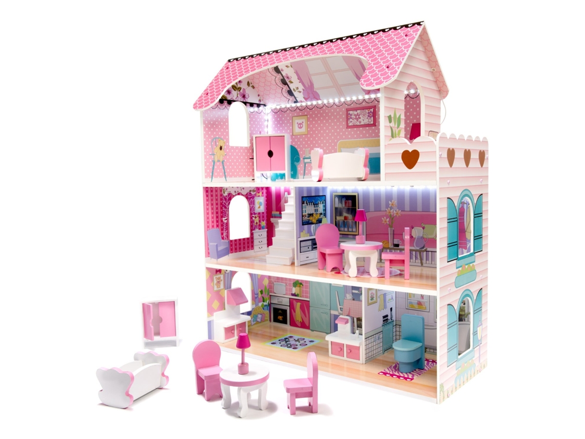 Casa de muñecas de madera MDF muebles 70cm LED rosa PRICENET