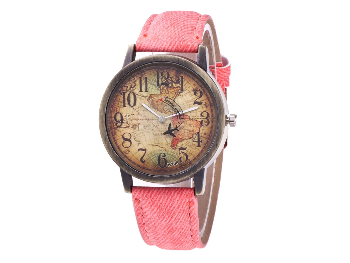 Reloj De Pulsera Unisex Con Estampado De Mapa Del Mundo, Color Rosa Vaquero, Zhoulianfa
