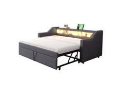 Sofá cama extraíble con base LED USB, madera Mobrio, lino gris (180 x 190 cm)