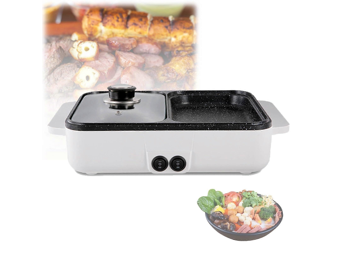 Parrilla eléctrica para fondue 2 en 1 con control de temperatura independiente y revestimiento antiadherente para asar en interiores.