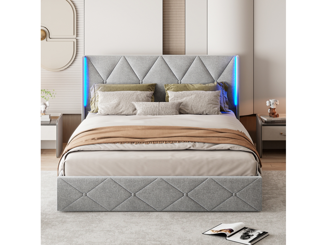 Cama De Casal 160x200 Com Armazenamento, Led E Mola A Gás, Cama Arquitetor Tapizada Em Cinza, Capacidade 340kg