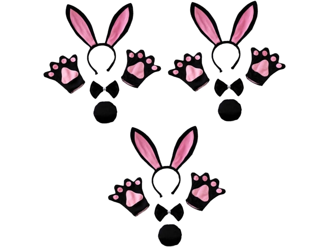 Disfraz de conejo negro de 3 piezas para niños y niñas, accesorios para fiestas, orejas y lazo.