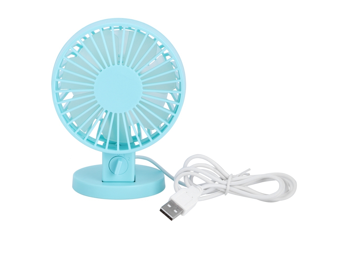 Ventilador de escritorio USB portátil ultrasilencioso, azul, ajustable a 45°.