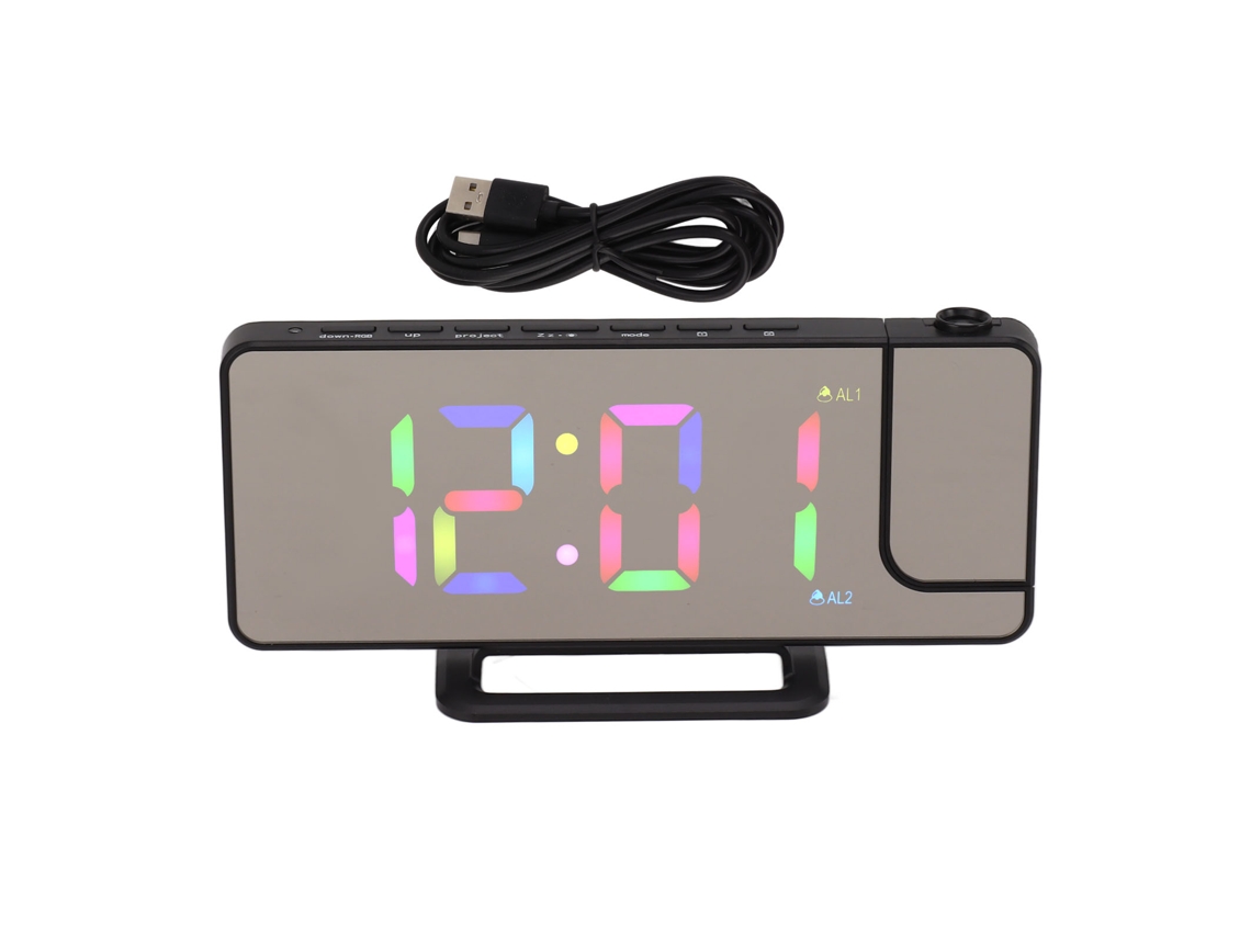 Reloj de escritorio multifuncional Baok-reloj con gran pantalla de proyección digital LED RGB y alarma electrónica, color negro.