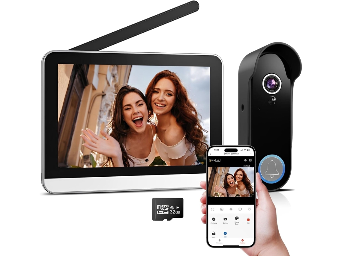 Videoportero inalámbrico HALINUIA con cámara y pantalla táctil de 7 pulgadas y resolución 1080p, conexión wifi, batería, visión nocturna, detección de movimiento PIR y audio bidireccional.