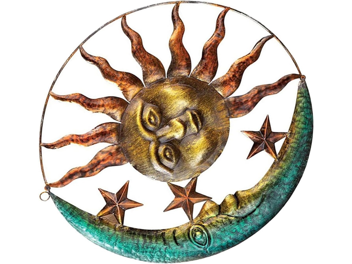 Colgante De Pared De Hierro Forjado Cepillado Con Forma De Sol Y Luna, 29 Cm De Diámetro