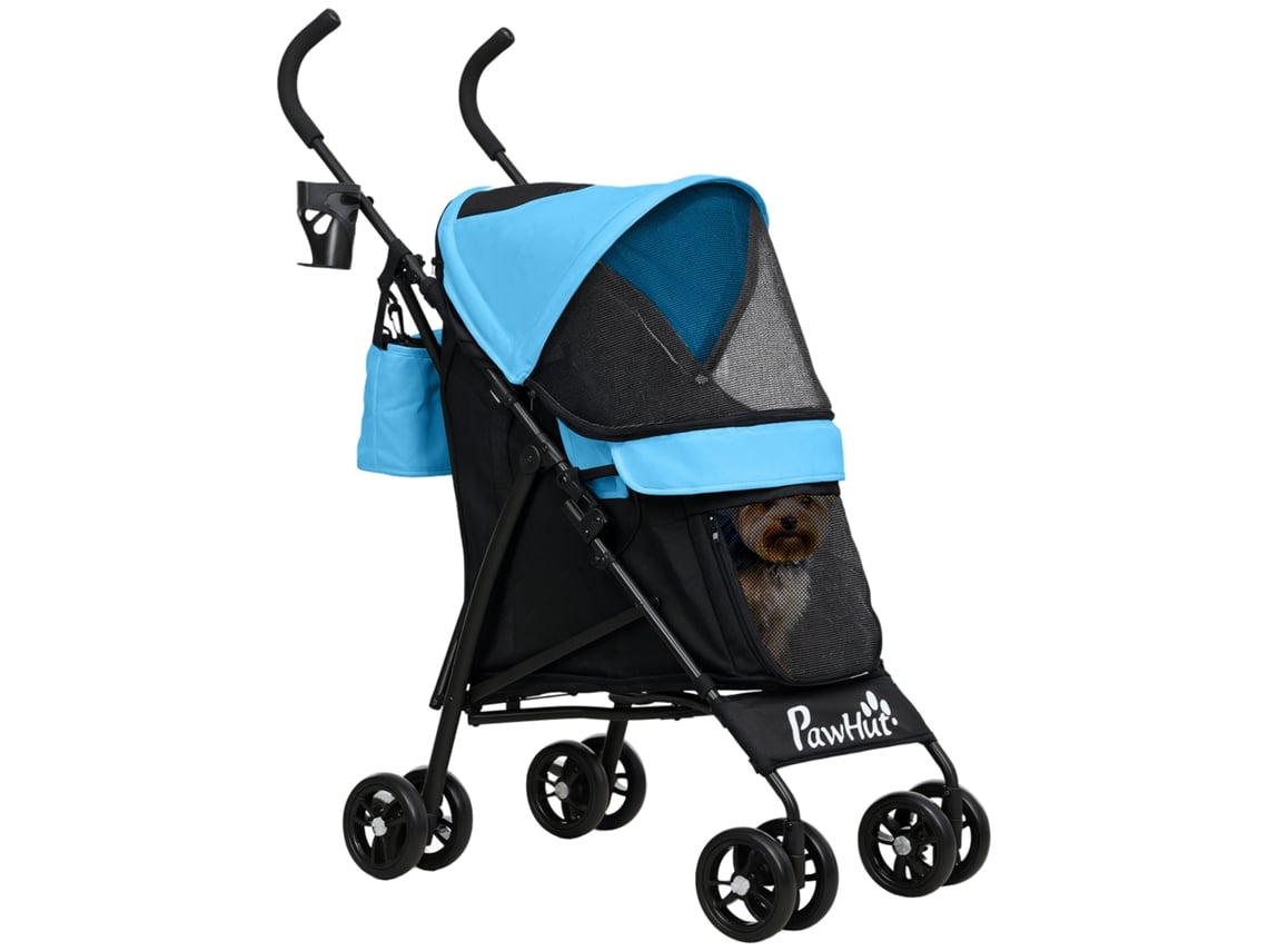Cochecito para perros pequeños con estructura compacta, plegable, con colchón lavable y portavasos, 76x44x103 cm, azul.