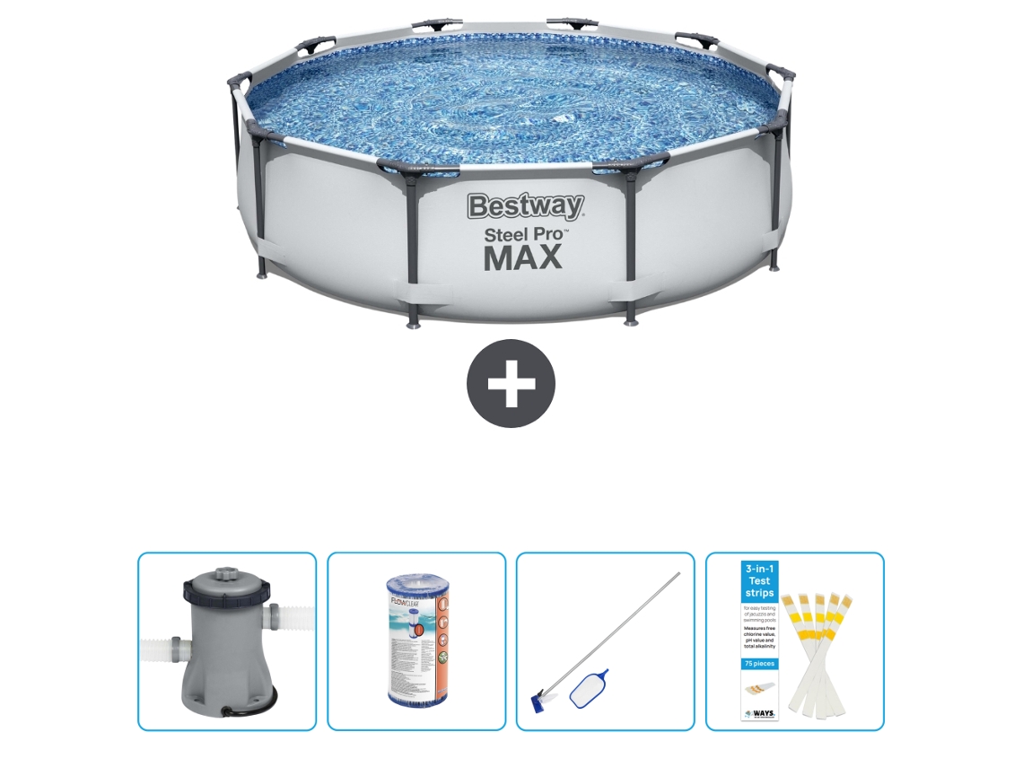Piscina BESTWAY Round Steel Pro MAX - 305 x 76 cm - Gris - Bomba incluida Filtrar - kit de limpieza - Tiras de prueba