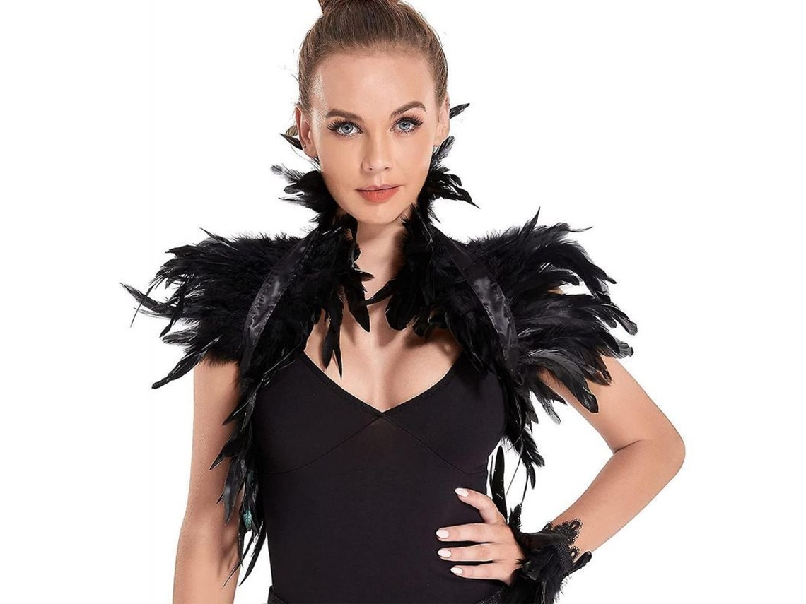 Mantilla gótica negra con plumas de gallo para un disfraz de Maléfica de Halloween, ajustable.