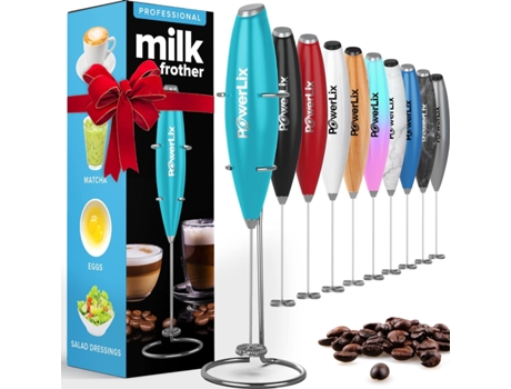 POWERLIX Espumador de Leche Eléctrico de Mano Batidora Leche Espuma Con Soporte de Acero Inoxidable 15-20S Potente 19000 Rpm Batidor para Café