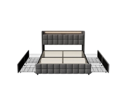 Cama De 160x200 Cm En Lino Gris Con 4 Cajones, Cabecero Led Con Puertos Usb Integrados, Amplio Espacio De Almacenamiento Y Diseño Elegante.