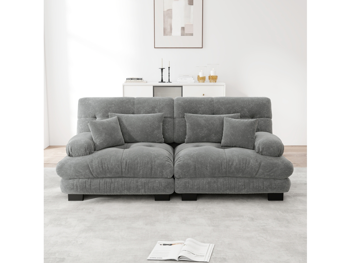 Sofá Cloud de 2 plazas de chenilla con 2 cojines lumbares y 2 cojines decorativos, gris, Mobrio