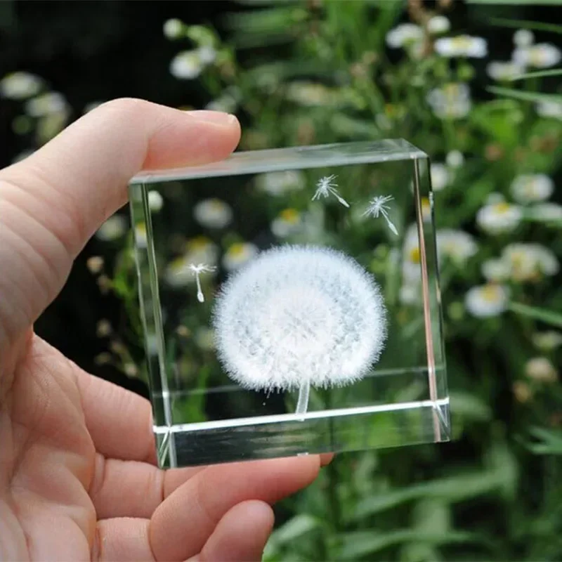 Ornamento De Dente-de-leão Gravado A Laser 3d Em Cristal (6 Cm), Decoração Em Cubo De Vidro.