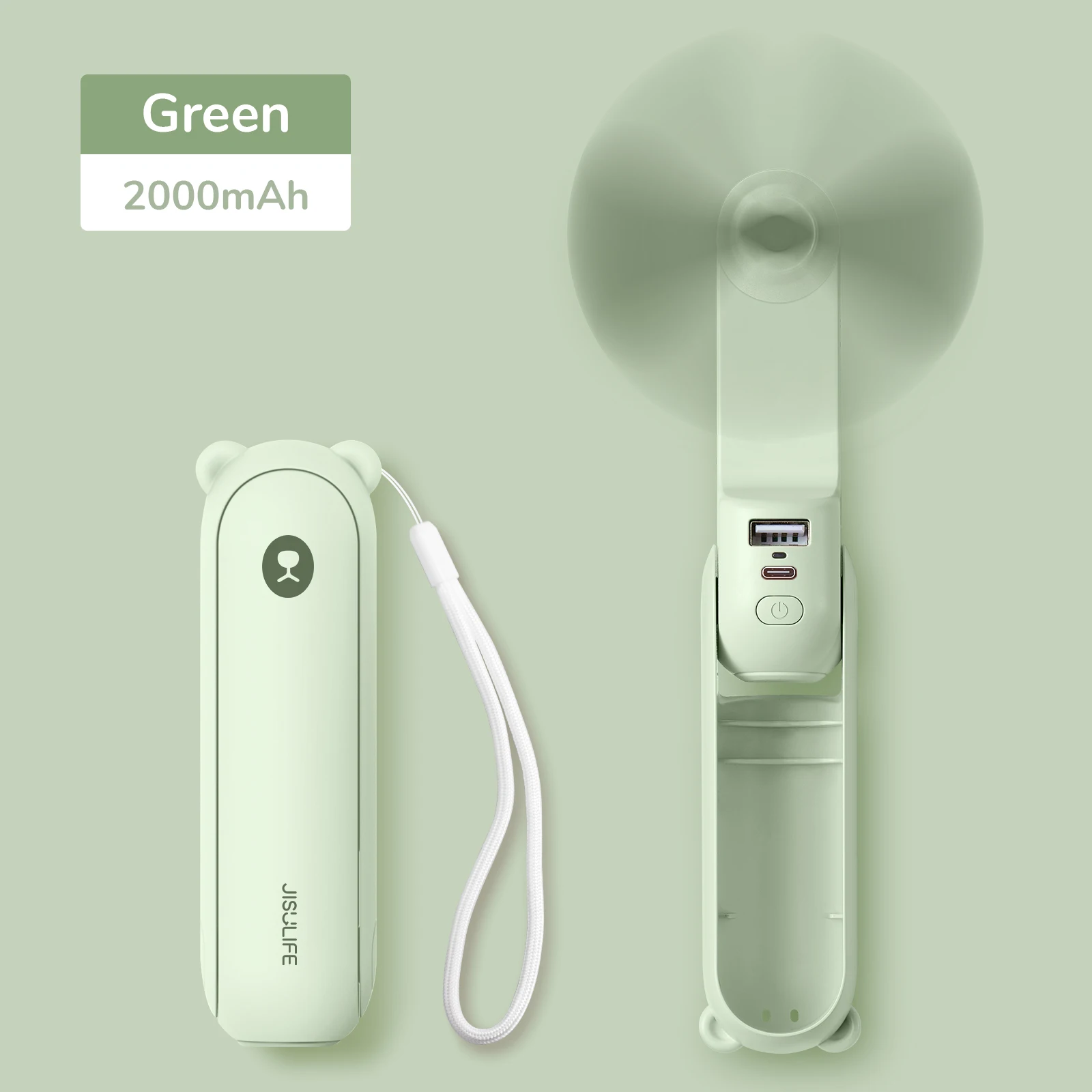 Ventilador Portátil Mini De Mano (2000 Mah, Verde), Recargable Por Usb, Ventilador De Bolsillo 3 En 1.